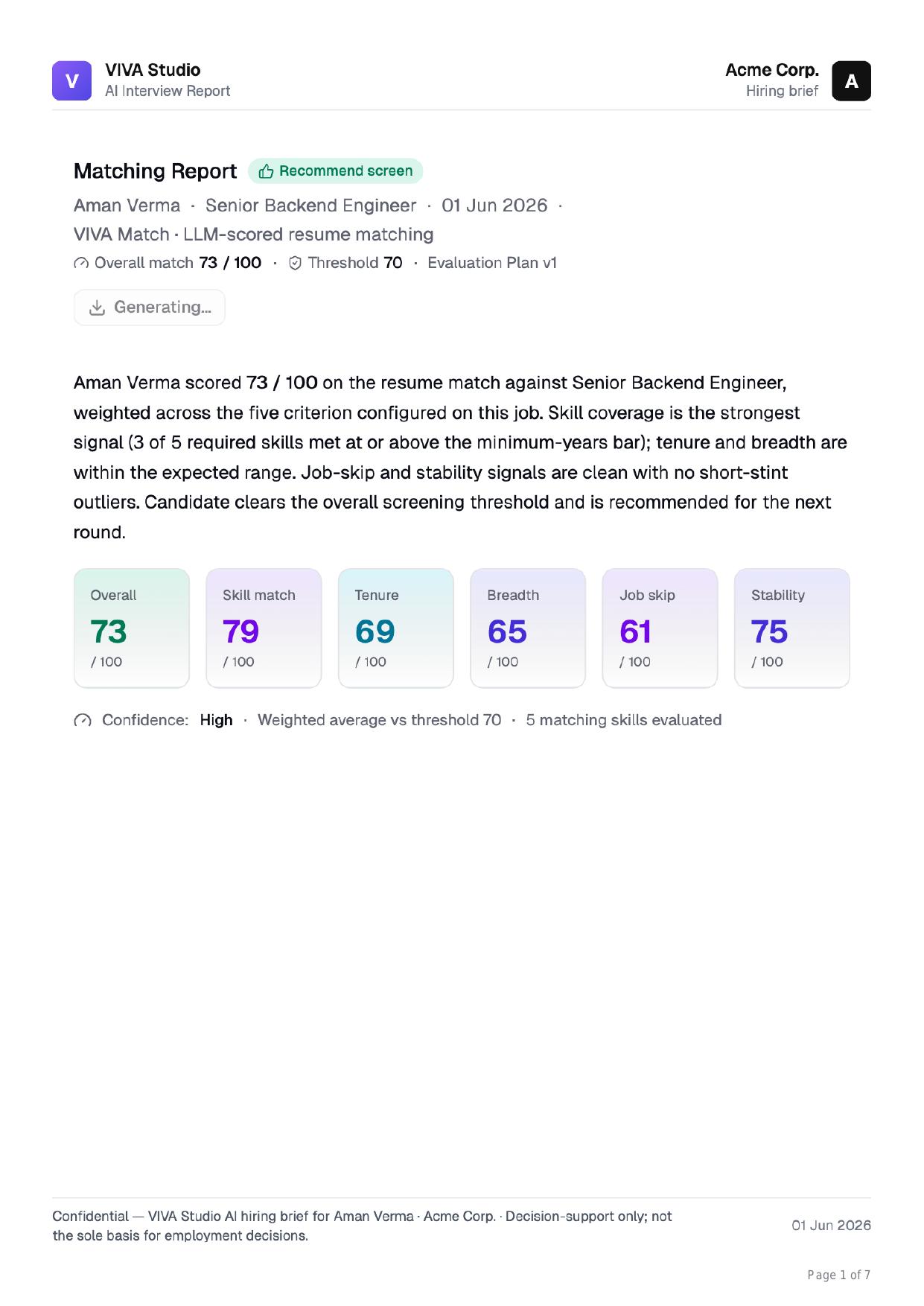 VIVA Match report — 6-axis resume scorecard with threshold check and per-criterion strengths and gaps